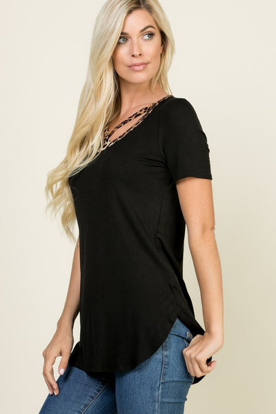 Solid Short Sleeve Leopard Print Strap Top