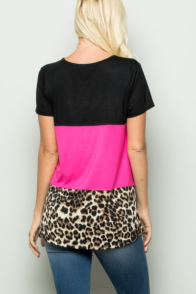 Leopard Color Block Sequin Pocket Top