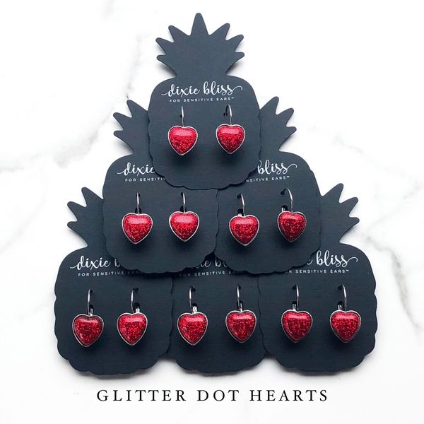 Red Glitter Dot Heart Leverback Earrings