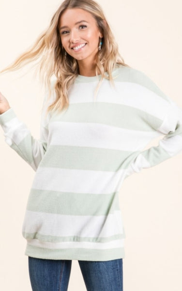 Fuzzy Sage & Ivory Stripe Sweater
