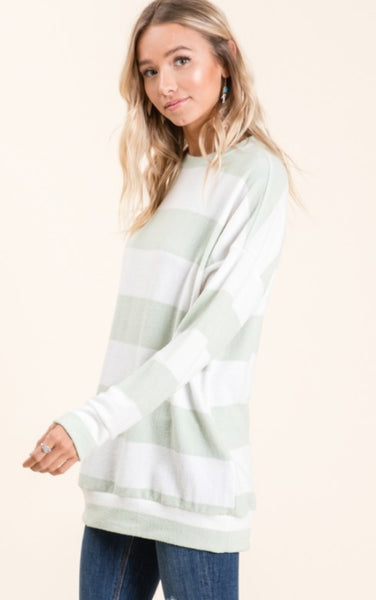 Fuzzy Sage & Ivory Stripe Sweater