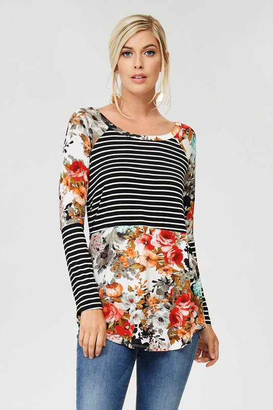Floral and Stripes Contrast Long Sleeve Top