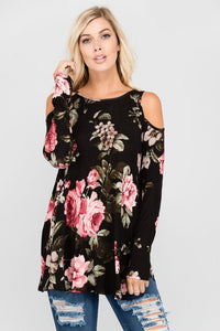 Floral Long Sleeve Cold Shoulder Top