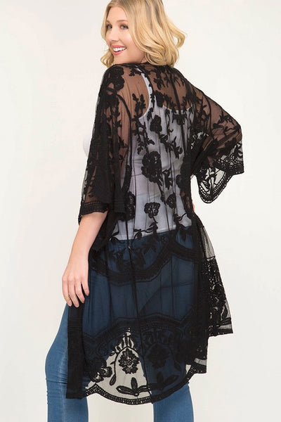 Black Crochet Lace Midi Duster Kimono Cardigan