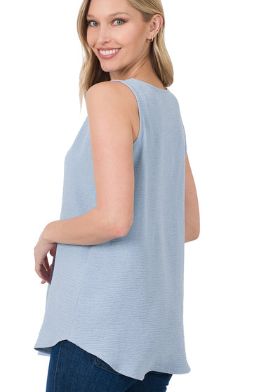 Blue Grey Woven Airflow V-Neck Sleeveless Top