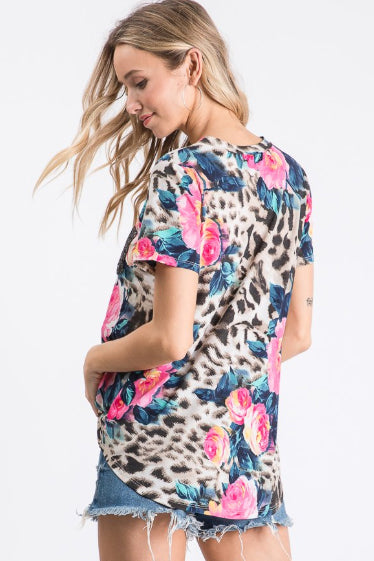 Leopard Floral Sequin Pocket Top