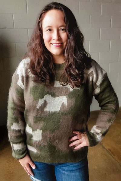Fuzzy Camo Print Pullover Sweater Top