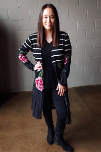 Floral & Stripes Contrast Open Front Cardigan