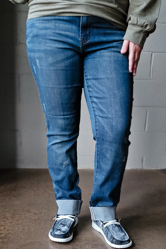 Judy Blue Mid-Rise Double Cuffed Long Boyfriend Jeans