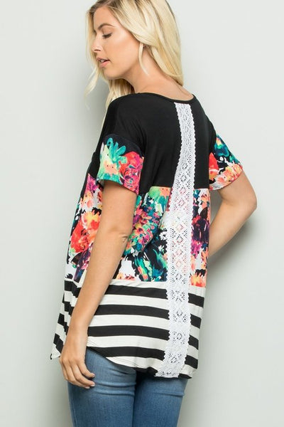 Floral Color Block Top With Lace
