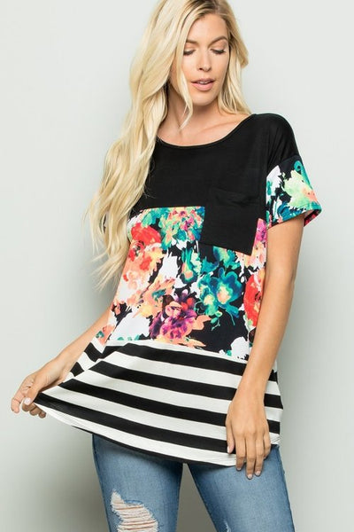 Floral Color Block Top With Lace