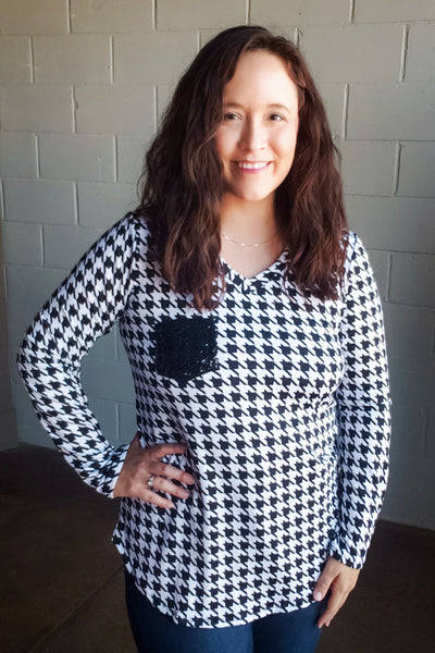 Houndstooth Print Top with Sequin Pocket
