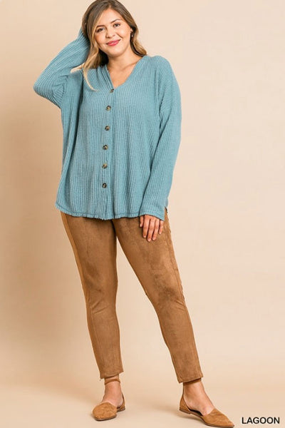 Fleece Waffle Knit Button Front Top
