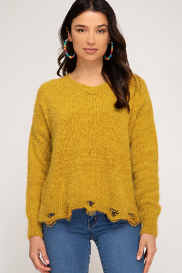Mustard V-Neck Sweater with Distressed Hem
