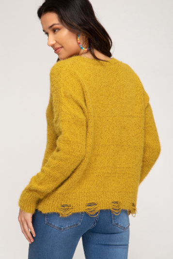 Mustard V-Neck Sweater with Distressed Hem