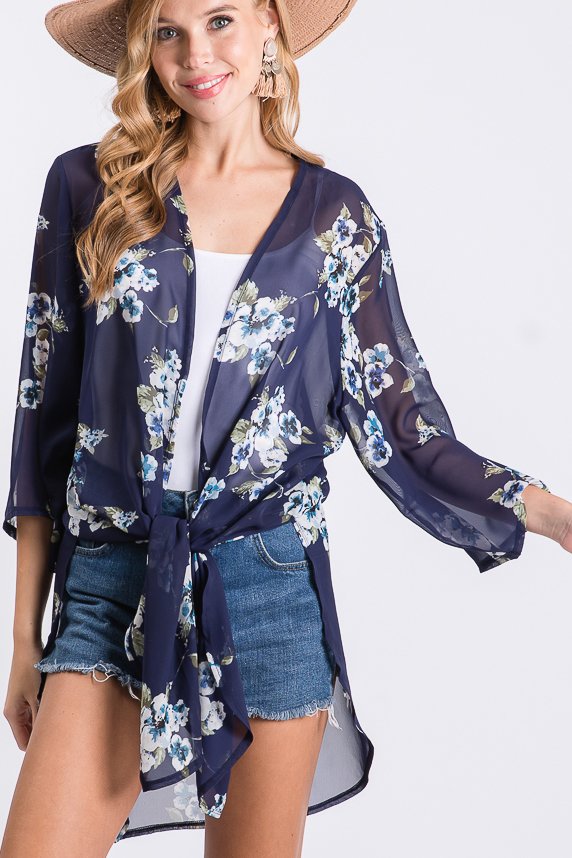 Navy floral kimono cardigan hotsell