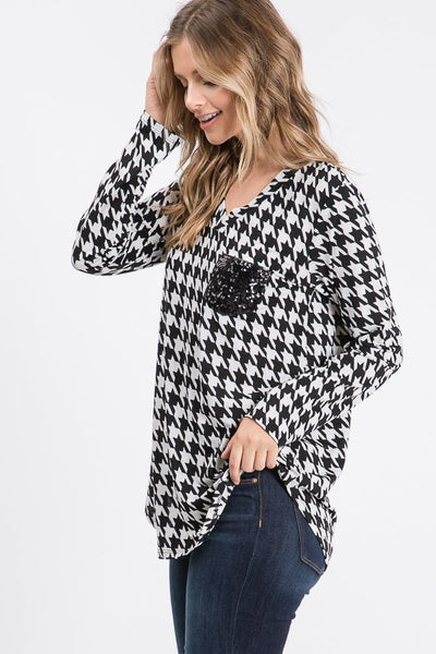 Houndstooth Print Top with Sequin Pocket