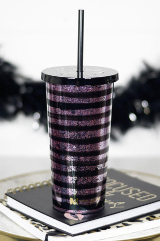 Black & Purple Stripes Glitter Tumbler