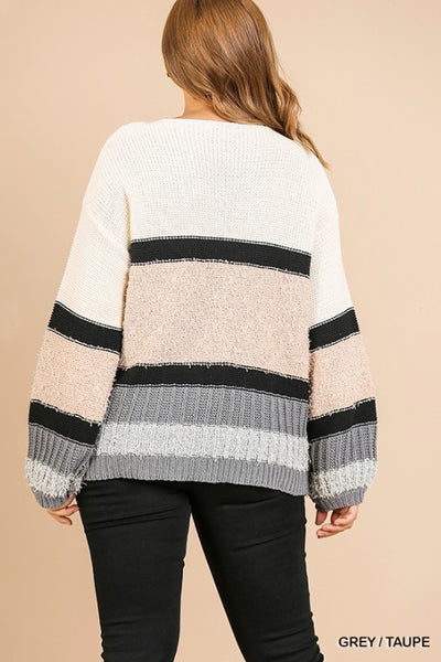 Multi-Knit Long Puff Sleeve Striped Pullover Sweater