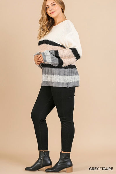 Multi-Knit Long Puff Sleeve Striped Pullover Sweater